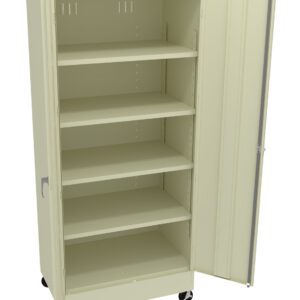 Beige metal storage cabinet with one door open, revealing five empty shelves. The cabinet is on wheels, allowing for easy movement.