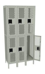 A gray, perforated metal locker with three columns and two rows. Each compartment has a black handle. The bottom right locker door is open, revealing the empty interior. The design features a diamond-shaped cutout pattern for ventilation.