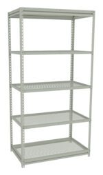 A tall, empty metal shelving unit with five perforated shelves. The frame is light gray, featuring adjustable height supports. The shelves are evenly spaced, suitable for storage in a garage or warehouse setting.