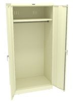 A beige metal cabinet with two open doors, revealing an empty interior. Inside, there is a single adjustable shelf and a hanging rod positioned near the top. The cabinet is set against a plain white background.