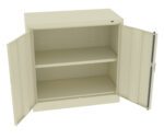 A beige metal storage cabinet with two doors open, revealing an interior with an adjustable shelf and empty space for storage.