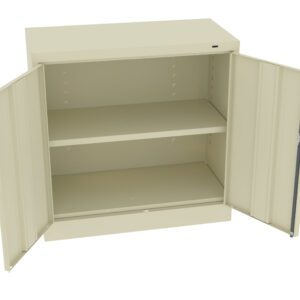 A beige metal storage cabinet with two doors open, revealing an interior with an adjustable shelf and empty space for storage.