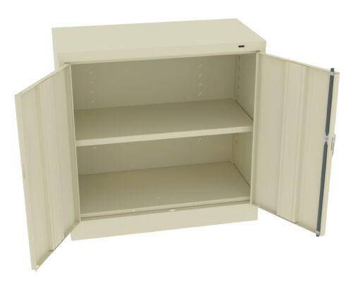 A beige metal storage cabinet with two doors open, revealing an interior with an adjustable shelf and empty space for storage.