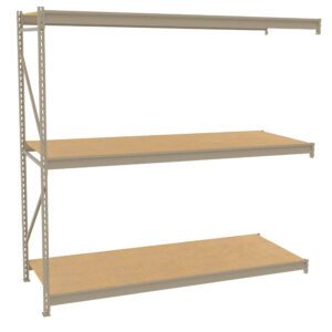 Metal storage rack with three wooden shelves. The frame is gray and sturdy, with perforated side supports for adjustable shelving. The shelves are evenly spaced, providing ample storage space. The design is minimal and functional.