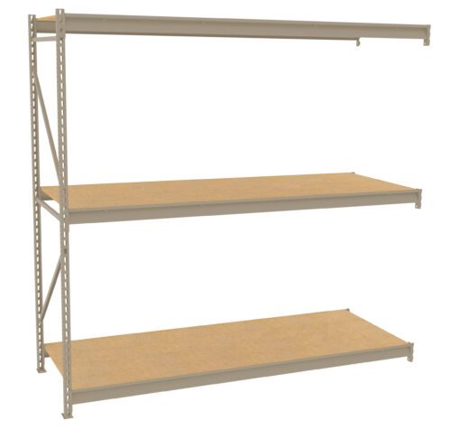Metal storage rack with three wooden shelves. The frame is gray and sturdy, with perforated side supports for adjustable shelving. The shelves are evenly spaced, providing ample storage space. The design is minimal and functional.