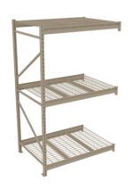 Metal shelving unit with three grid-patterned shelves and an open design. The frame is beige or light brown, and each shelf can hold various items. The structure appears sturdy and suitable for storage in a warehouse or garage.