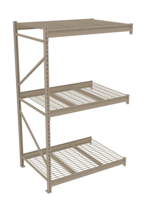 Metal shelving unit with three grid-patterned shelves and an open design. The frame is beige or light brown, and each shelf can hold various items. The structure appears sturdy and suitable for storage in a warehouse or garage.