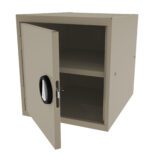 A beige metal safe with a black circular lock is open, revealing two empty shelves inside. The safe is shown from an angle, highlighting the doors hinges and handle. The background is plain white.