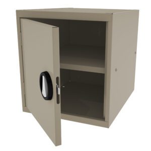 A beige metal safe with a black circular lock is open, revealing two empty shelves inside. The safe is shown from an angle, highlighting the doors hinges and handle. The background is plain white.