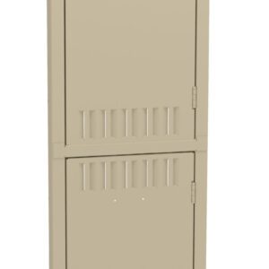 A beige, narrow, two-tier metal locker with vents and black handles against a white background.