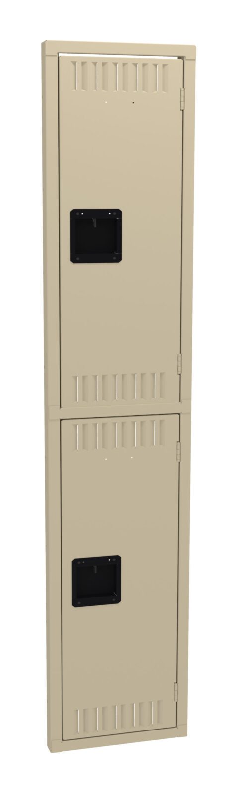 A beige, narrow, two-tier metal locker with vents and black handles against a white background.