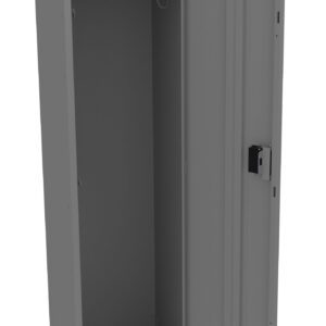 A gray metal locker stands open, revealing an empty interior with a single rod for hanging items. The door is slightly ajar, showing a lock and vertical ventilation slits on its face. The locker rests on four short legs.