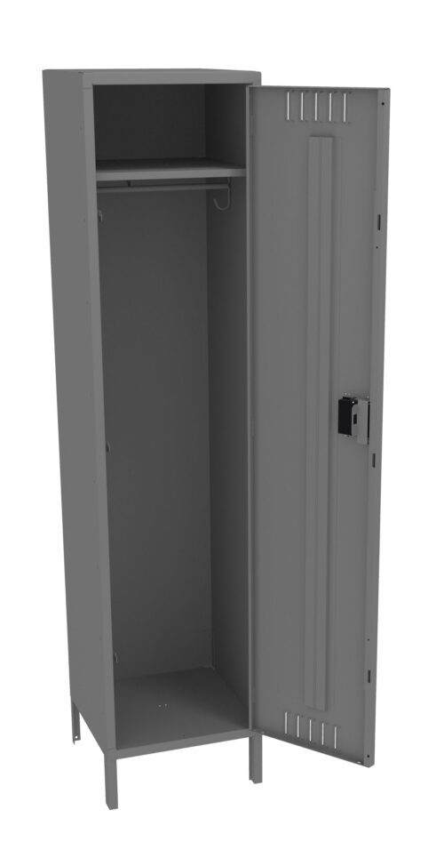 A gray metal locker stands open, revealing an empty interior with a single rod for hanging items. The door is slightly ajar, showing a lock and vertical ventilation slits on its face. The locker rests on four short legs.