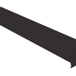 A long, flat, black metal bracket with a bent edge on one end and a small hole in the opposite corner, isolated on a white background.