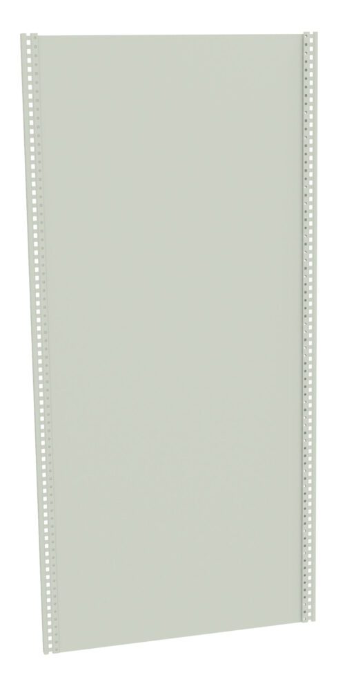 A light gray, rectangular metal panel with small perforated holes along the vertical edges, oriented vertically against a white background.
