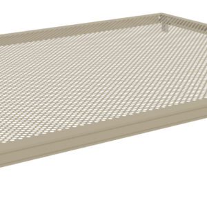 A beige perforated metal shelf with small circular holes, supported by white brackets on each corner. The shelf is rectangular and flat, designed for use in storage or as part of a shelving system.
