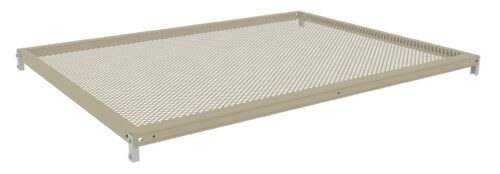 A beige perforated metal shelf with small circular holes, supported by white brackets on each corner. The shelf is rectangular and flat, designed for use in storage or as part of a shelving system.