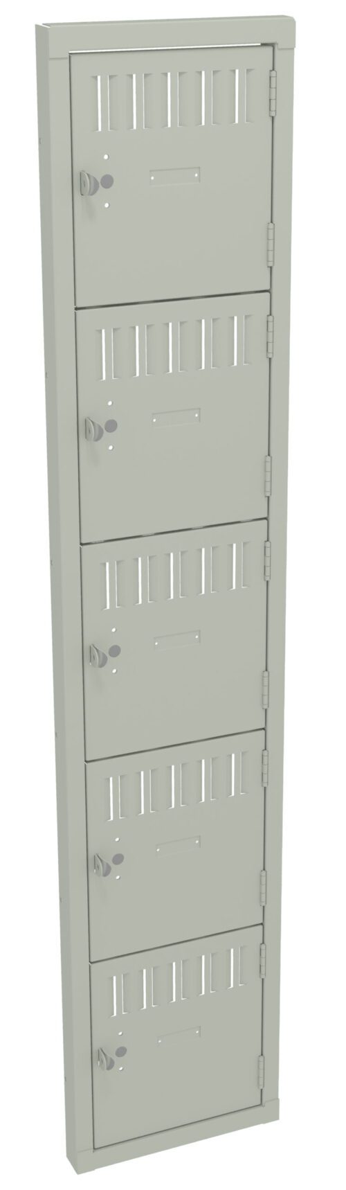 Tall, gray metal locker unit with five stacked compartments, each featuring ventilation slits, a handle, and a keyhole. The simple design is suitable for storing personal belongings in schools or workplaces.