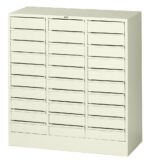 A beige multi-drawer storage cabinet featuring 30 small drawers arranged in a 5x6 grid. Each drawer has a small indented handle for easy pulling. The minimalist design is suitable for organizing various items in an office or workshop setting.