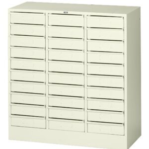 A beige multi-drawer storage cabinet featuring 30 small drawers arranged in a 5x6 grid. Each drawer has a small indented handle for easy pulling. The minimalist design is suitable for organizing various items in an office or workshop setting.