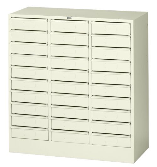 A beige multi-drawer storage cabinet featuring 30 small drawers arranged in a 5x6 grid. Each drawer has a small indented handle for easy pulling. The minimalist design is suitable for organizing various items in an office or workshop setting.