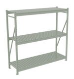 A three-tier metal shelving unit with slatted shelves, designed for storage, stands empty against a plain background. The frame features diagonal support bars for stability.