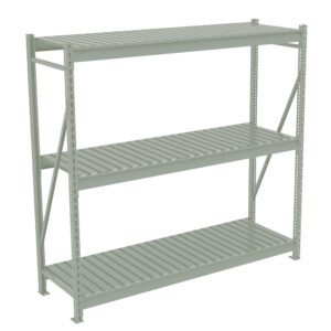 A three-tier metal shelving unit with slatted shelves, designed for storage, stands empty against a plain background. The frame features diagonal support bars for stability.