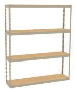 A beige metal shelving unit with four wooden shelves. The unit has a simple, open-frame design and is standing on a white background.