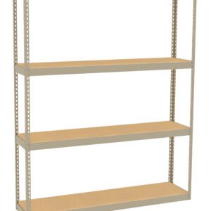 A beige metal shelving unit with four wooden shelves. The unit has a simple, open-frame design and is standing on a white background.