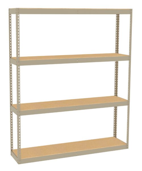 A beige metal shelving unit with four wooden shelves. The unit has a simple, open-frame design and is standing on a white background.
