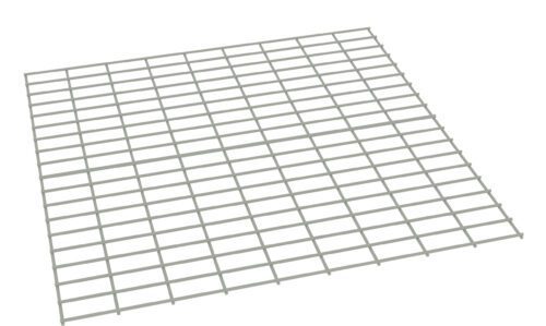 A 3D rendering of a gray grid structure viewed from an angle. The grid consists of intersecting horizontal and vertical lines, forming evenly spaced square sections. The background is plain white, emphasizing the simplicity of the grid design.