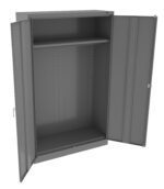 A gray metal cabinet with two open doors, revealing an empty interior. One shelf is positioned near the top, and the cabinet has a simple, utilitarian design.