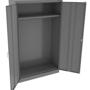 A gray metal cabinet with two open doors, revealing an empty interior. One shelf is positioned near the top, and the cabinet has a simple, utilitarian design.