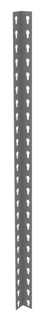 Gray, perforated metal angle bracket with evenly spaced holes along its length, designed for construction or shelving support. It is shown against a white background, highlighting its straight edges and uniform design.