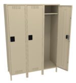 Beige metal locker with three compartments, one door open revealing a hanging bar and shelf inside. The design is minimal, with vents and black handles on each door. Suitable for storage in a gym, school, or workplace.