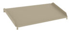 A beige, rectangular metal shelf with raised edges on three sides, small holes on two corners, and designed for mounting or installation.