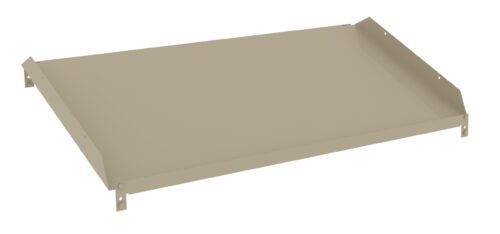 tvnc2ej7cgnspyy4ddio.jpg A beige, rectangular metal shelf with raised edges on three sides, small holes on two corners, and designed for mounting or installation.