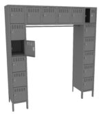 A gray, metal locker unit with multiple compartments arranged in a U-shape. Some compartments are open, revealing small storage spaces. The locker features ventilation slots and key locks on each door.