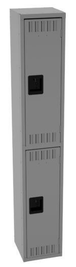 Tall, gray metal locker with two compartments and black handles.