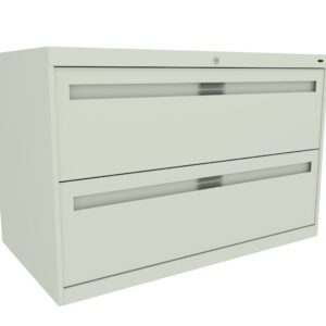 A light-colored, two-drawer metal filing cabinet with a minimalist design. The cabinet features long horizontal handles and a keyhole at the top center for locking.