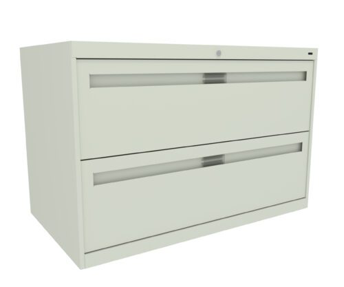 A light-colored, two-drawer metal filing cabinet with a minimalist design. The cabinet features long horizontal handles and a keyhole at the top center for locking.
