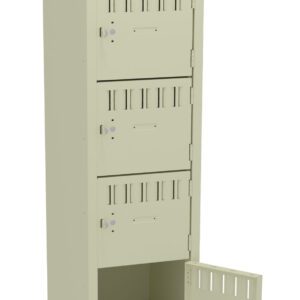A beige metal locker with six compartments, one of which is open. Each compartment features a small vent for ventilation and a key lock for security. The open compartment reveals an interior shelf.