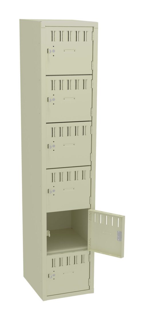 A beige metal locker with six compartments, one of which is open. Each compartment features a small vent for ventilation and a key lock for security. The open compartment reveals an interior shelf.