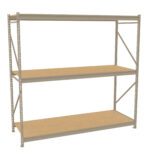 A beige metal storage rack with three wooden shelves. The rack is empty, displaying sturdy construction with diagonal cross braces on the sides for support. The shelves are evenly spaced, and the overall structure appears durable.