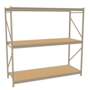 A beige metal storage rack with three wooden shelves. The rack is empty, displaying sturdy construction with diagonal cross braces on the sides for support. The shelves are evenly spaced, and the overall structure appears durable.