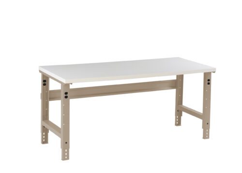 A rectangular white table with beige metal legs and a support beam underneath. The table has an industrial design and adjustable legs with visible screws and holes, suitable for use in a workshop or garage setting.