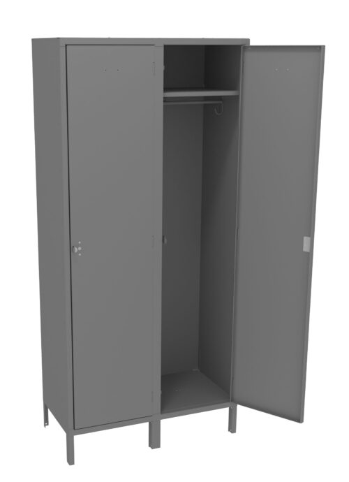 A gray, metal locker with three compartments. The left door is closed, while the middle and right doors are open, revealing a clothing rod inside. The locker stands on four legs.