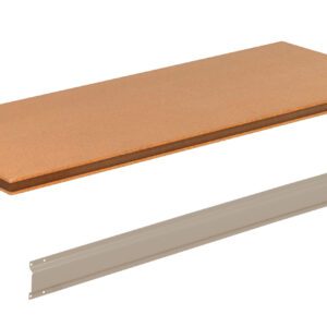 A rectangular wooden shelf and a long, narrow metal bracket placed separately on a white background. The shelf is a flat piece of brown wood, and the bracket is beige, designed for mounting or supporting the shelf.