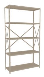 A beige, metal shelving unit with five adjustable shelves and cross-bracing for stability. The design is simple and utilitarian, suitable for storage in garages, warehouses, or offices. The unit is empty with no visible items on the shelves.