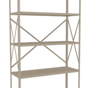 A beige, metal shelving unit with five adjustable shelves and cross-bracing for stability. The design is simple and utilitarian, suitable for storage in garages, warehouses, or offices. The unit is empty with no visible items on the shelves.